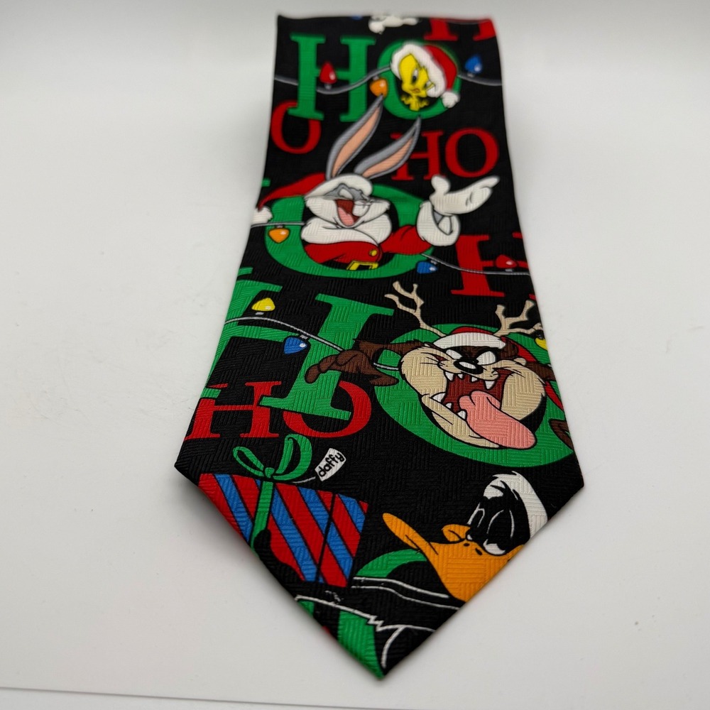 Vintage 1998 Looney Tunes Christmas Silk Tie Bugs Bunny Taz Ho Ho Ho Holiday